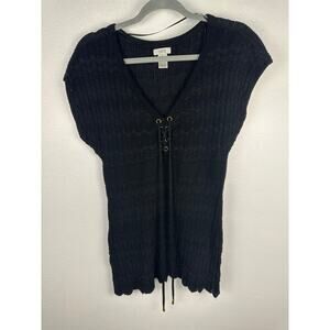Caché black textured, open-stitch knit tunic top/short dress lace-up small